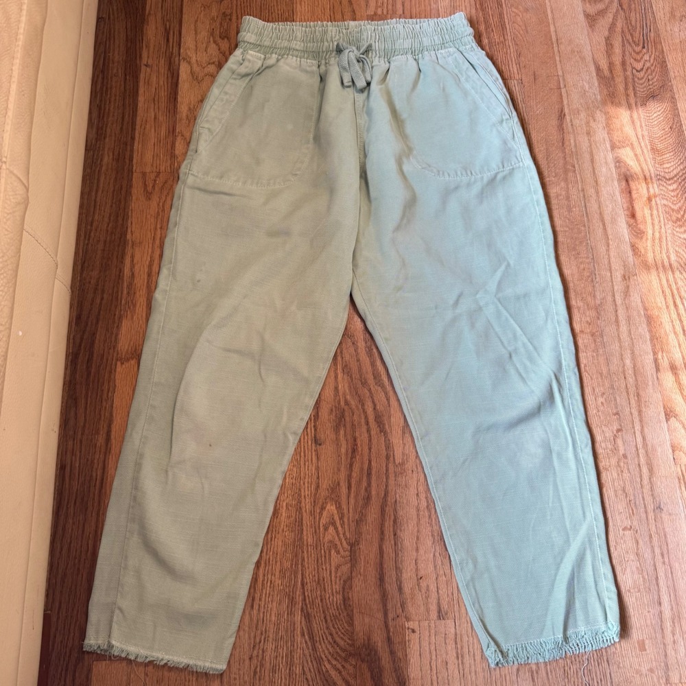 Zara Sage Green Lyocell Cotton Elastic Waist Raw Hem Pants Womens Medium